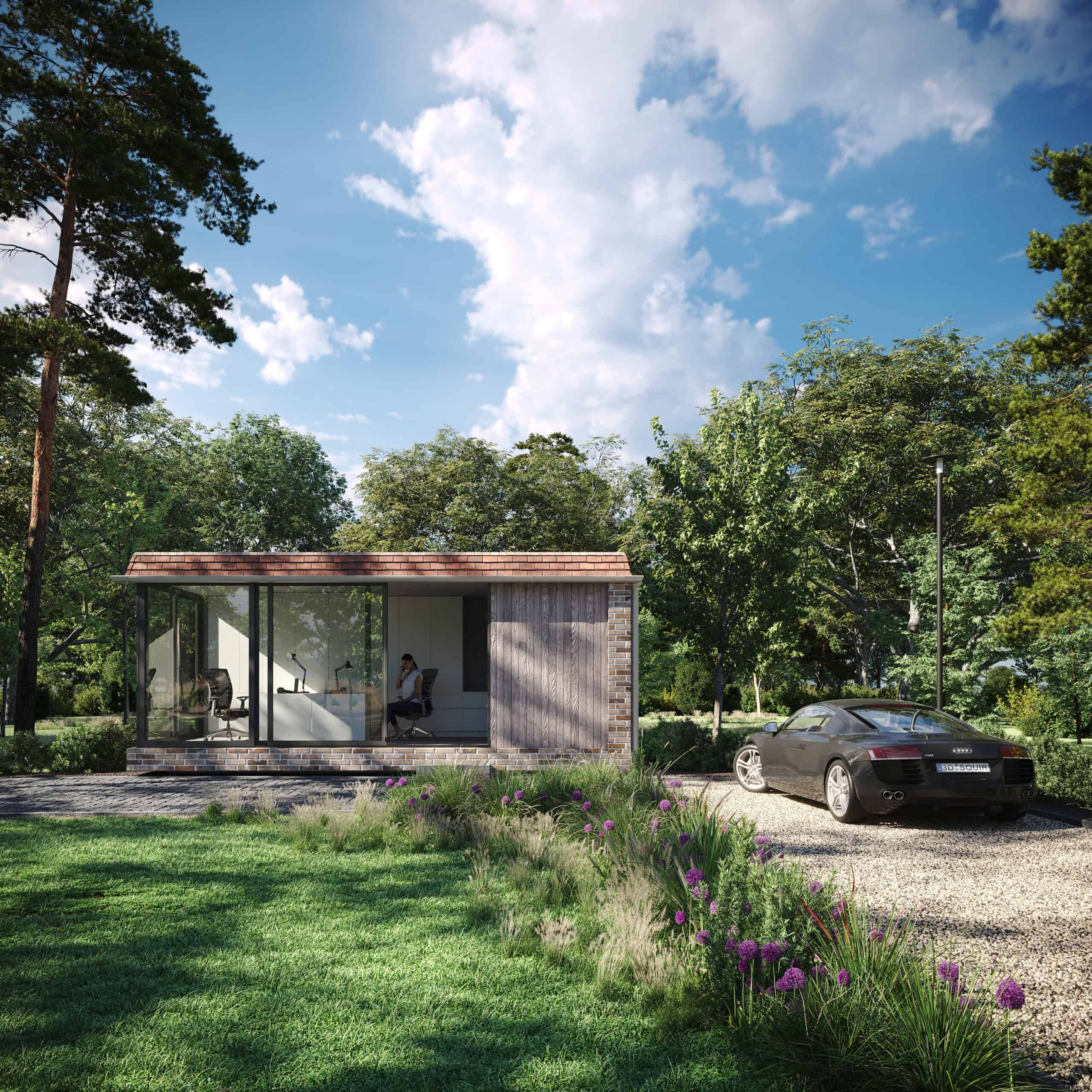 Architectural visualization by Eugeniu Zmeu of a modern house surrounded by trees