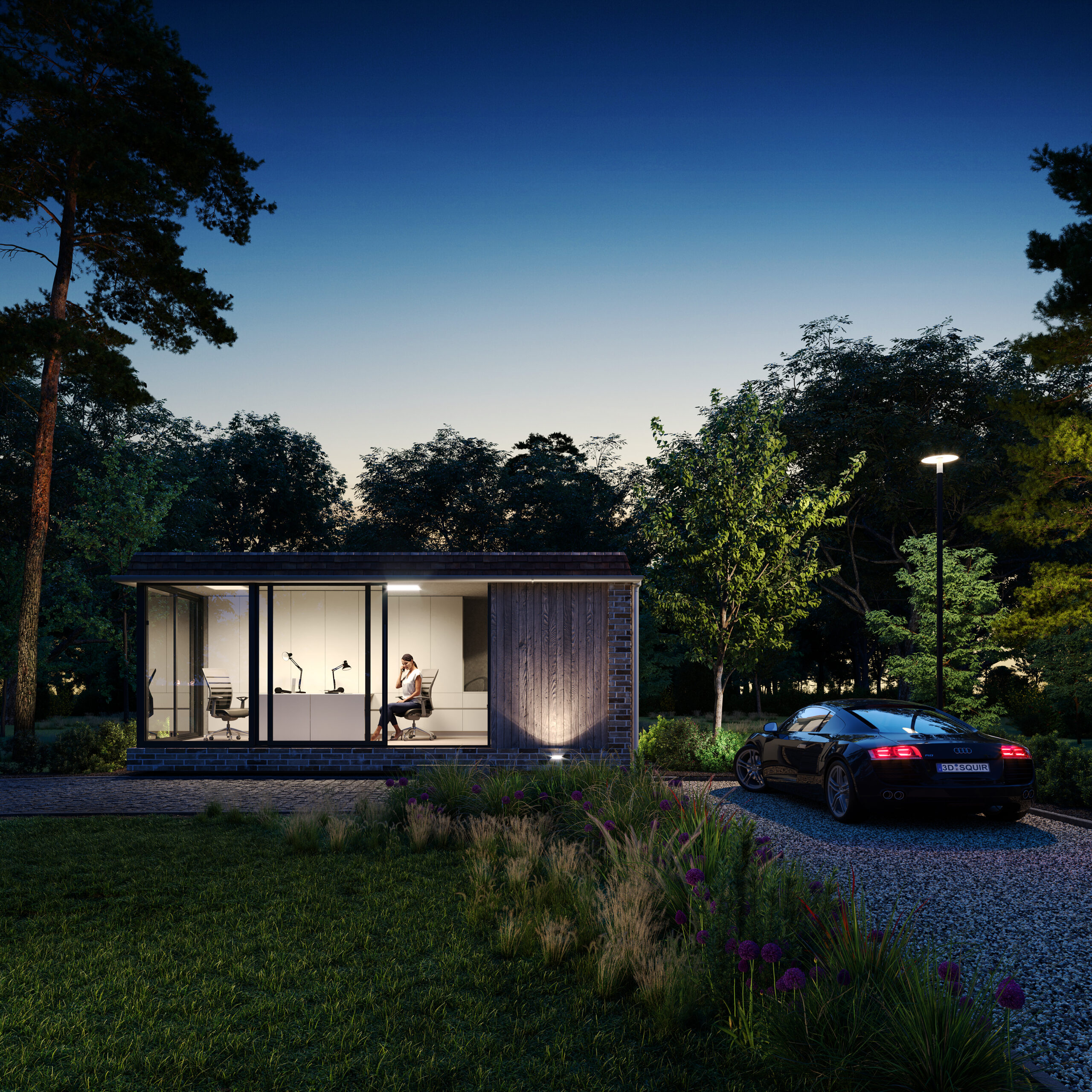 Photorealistic CGI render of a modern garden office at night with floor-to-ceiling glass, landscaped surroundings, and a luxury car parked outside by Eugeniu Zmeu