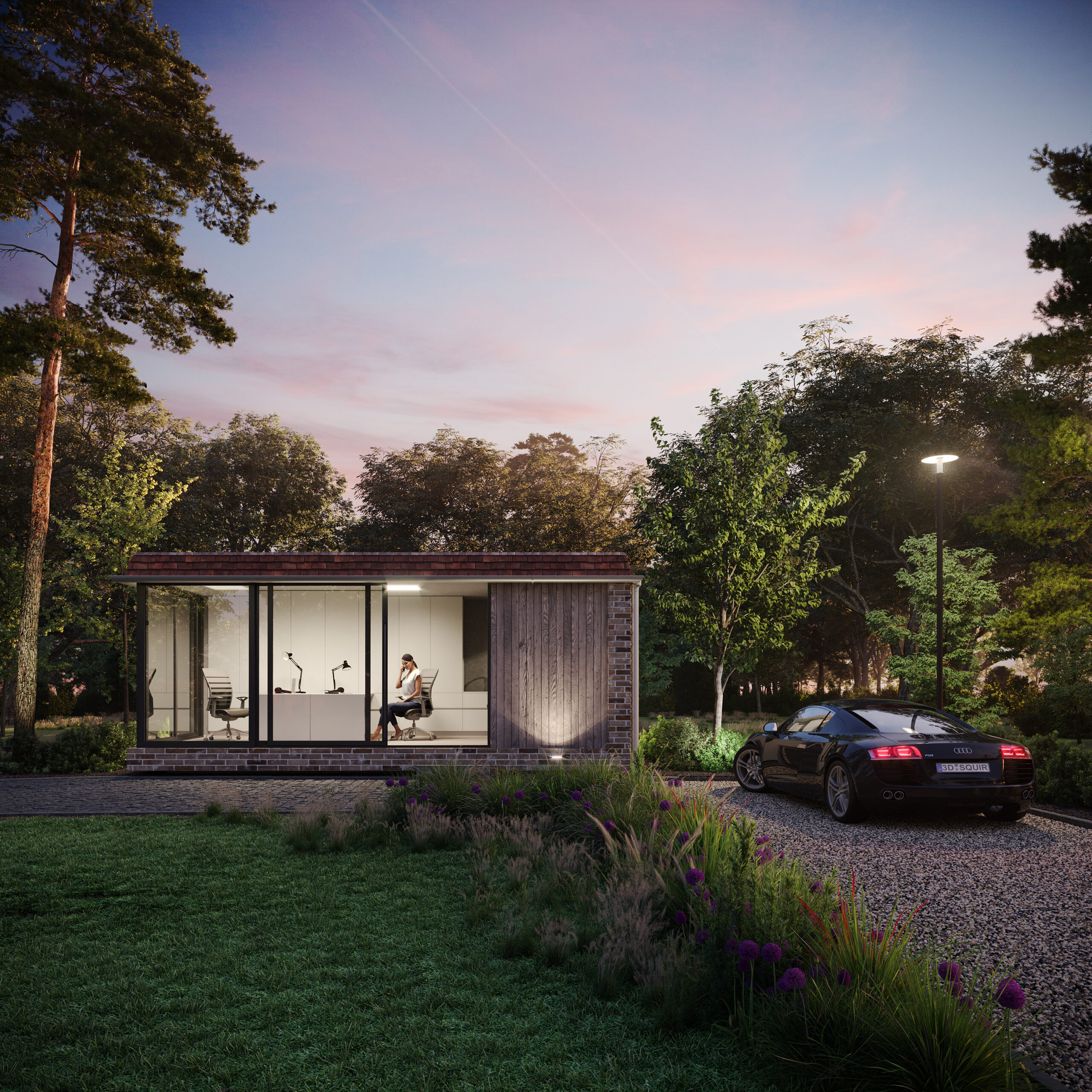 Photorealistic CGI render of a modern garden office at dusk with floor-to-ceiling glass, landscaped surroundings, and a luxury car parked outside by Eugeniu Zmeu
