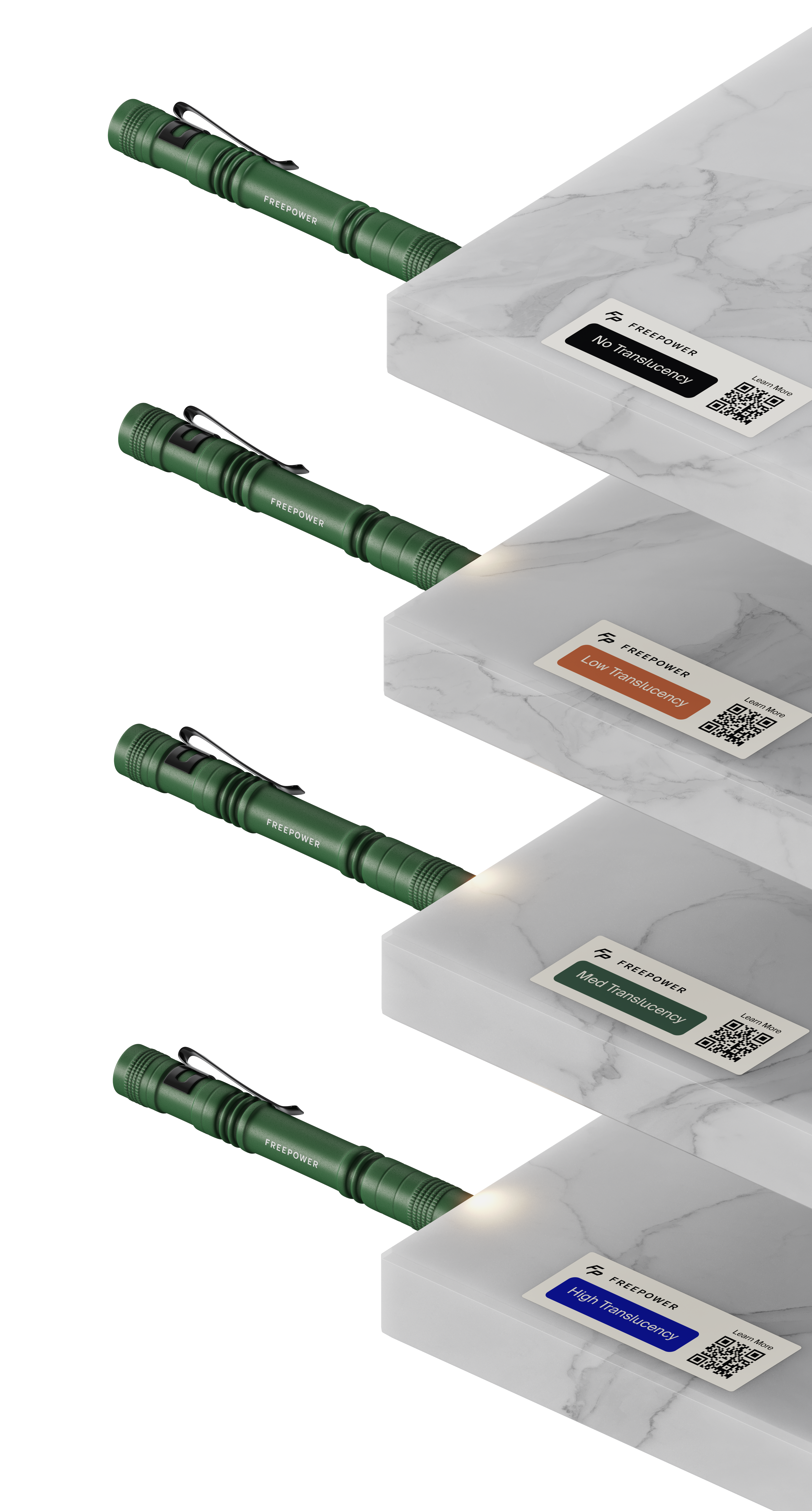 Photorealistic CGI render comparing countertop thickness compatibility for built-in wireless charging technology using a flashlight test