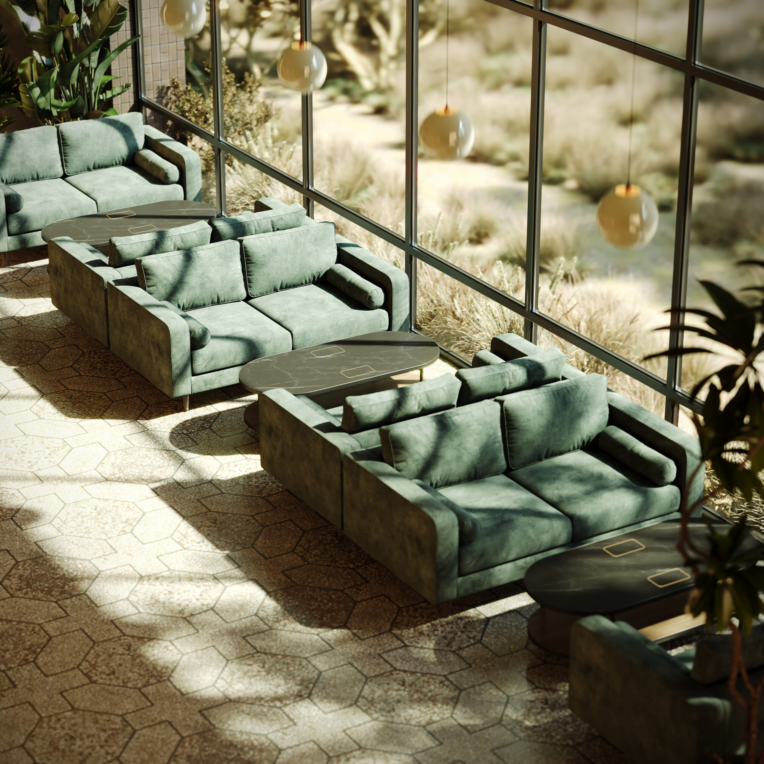 Photorealistic CGI render of a modern lounge seating area with integrated wireless charging tables, floor-to-ceiling windows, and warm natural light by Eugeniu Zmeu