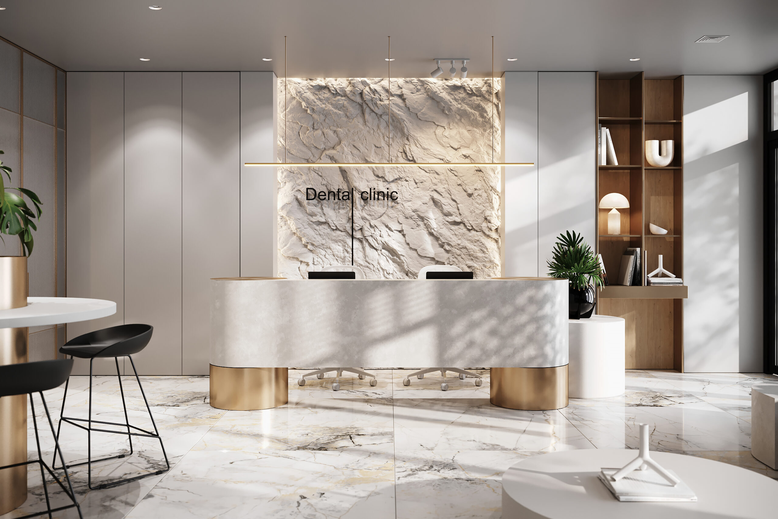 Photorealistic CGI render of a modern dental clinic reception interior with a curved stone desk, backlit textured wall, and premium minimalist design by Eugeniu Zmeu
