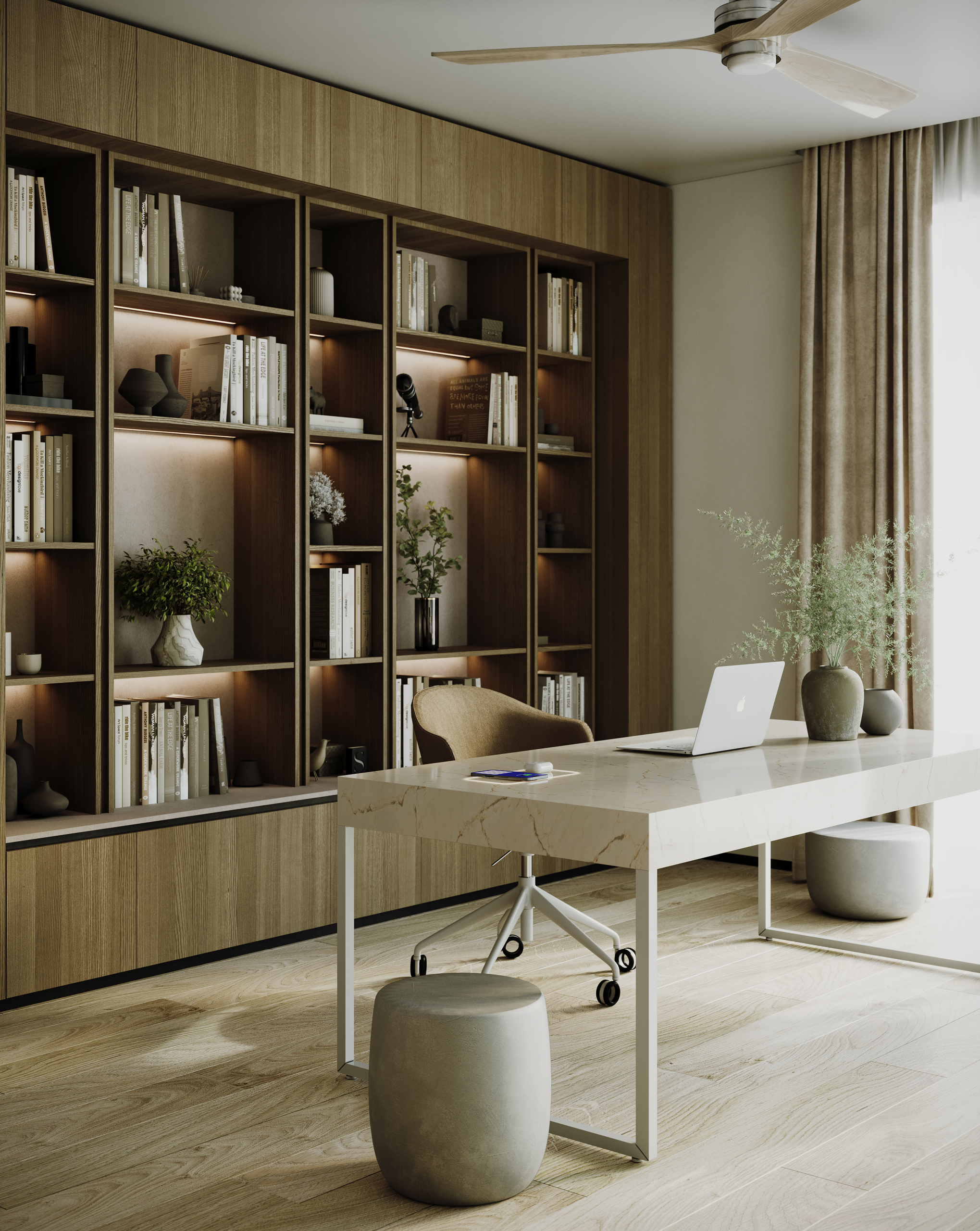 3D interior render of a premium home office with integrated wireless charging on the desktop