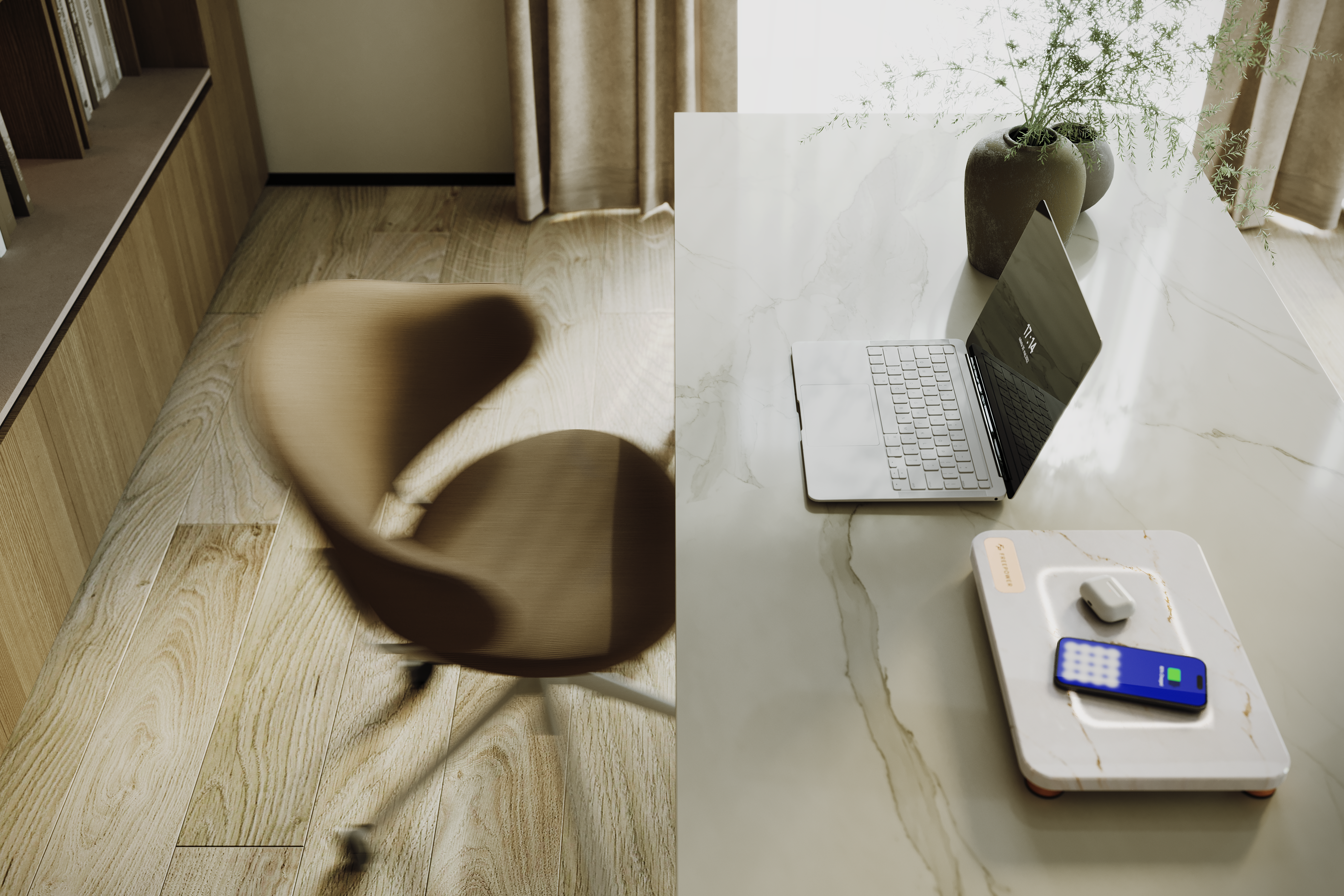 3D render of a premium workspace featuring a laptop and wireless charging device on a stone desk