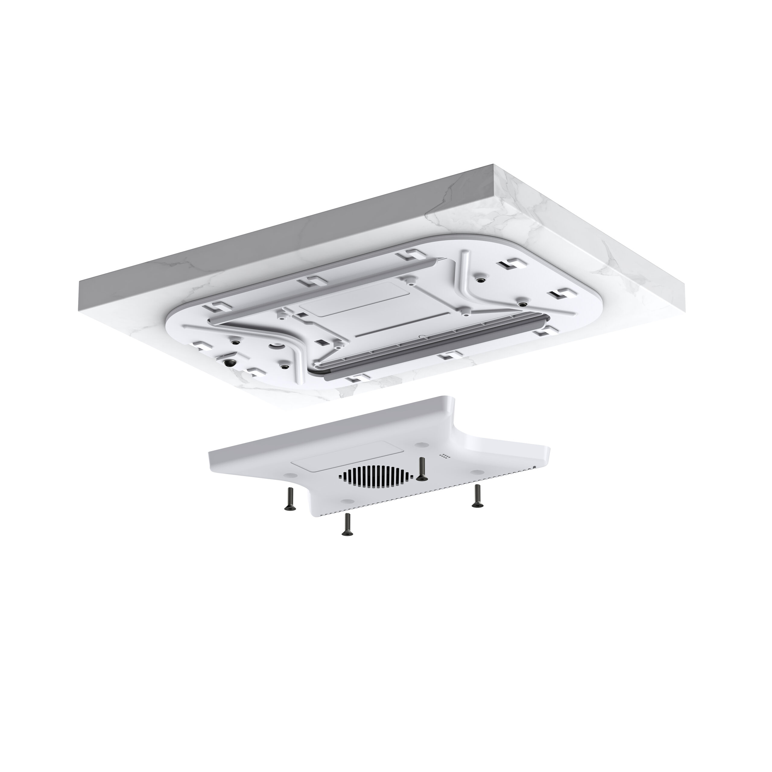 Exploded photorealistic CGI product render of a built-in wireless charging module with underside cover and mounting screws beneath a countertop by Eugeniu Zmeu