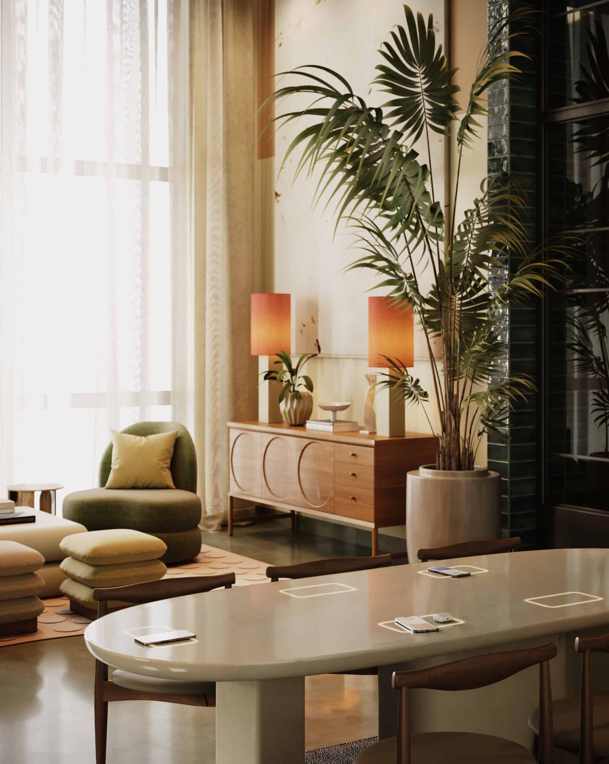 3D interior CGI render by Eugeniu Zmeu of a modern lounge with warm lighting and indoor plants