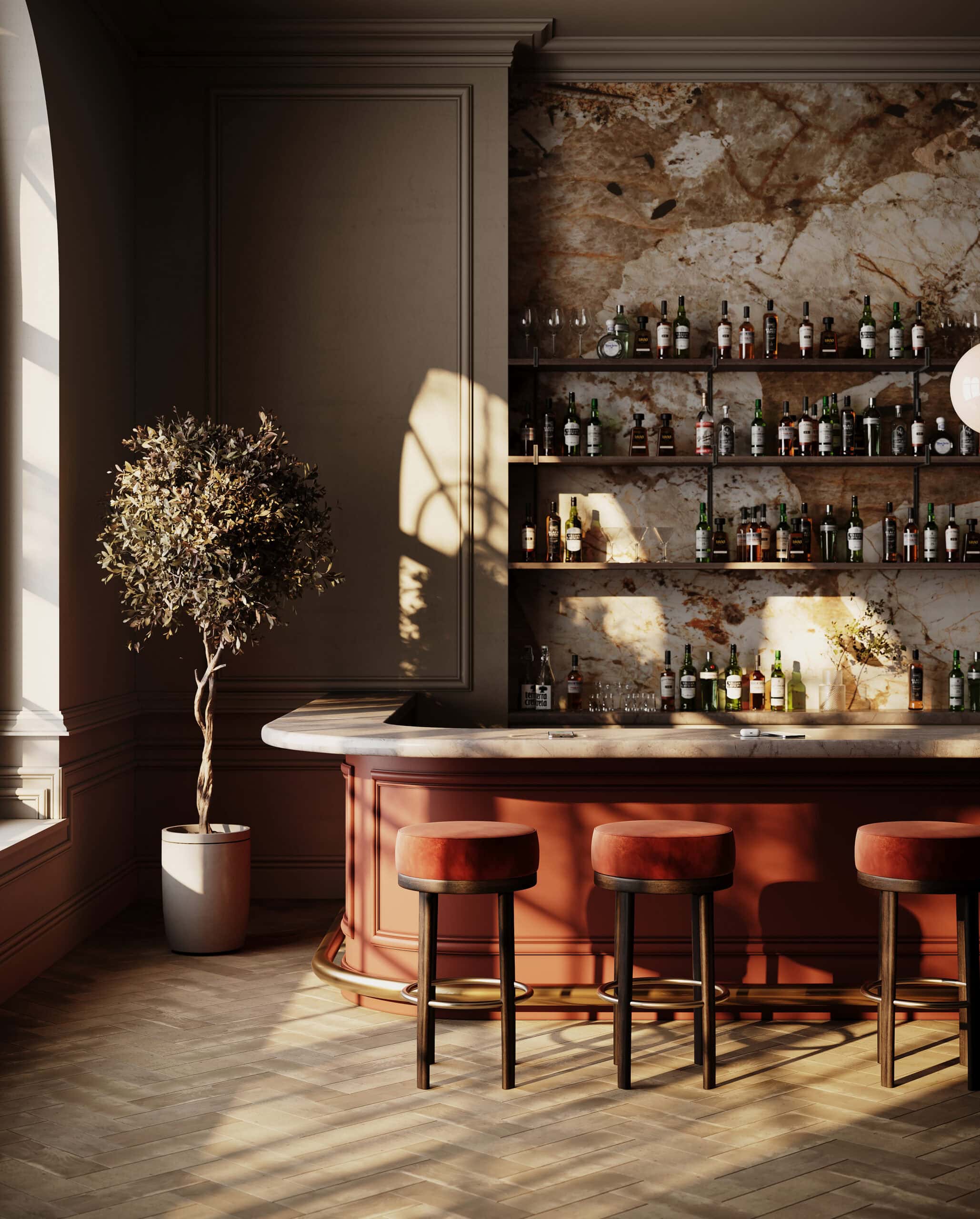 3D interior CGI render by Eugeniu Zmeu of a luxury bar with warm natural light