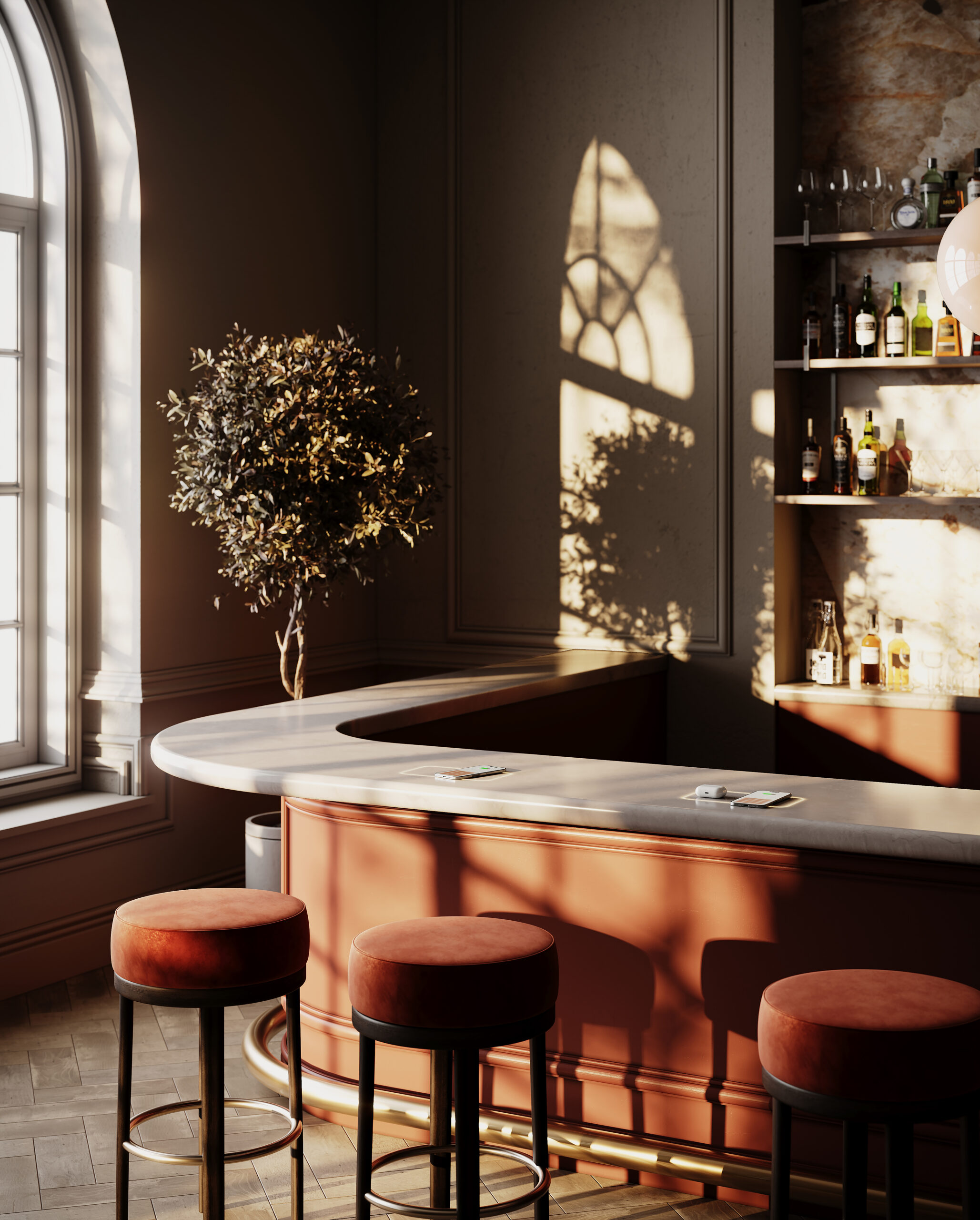 Photorealistic 3D render of a luxury bar counter with integrated wireless phone charging, warm sunlight, and elegant wine shelving