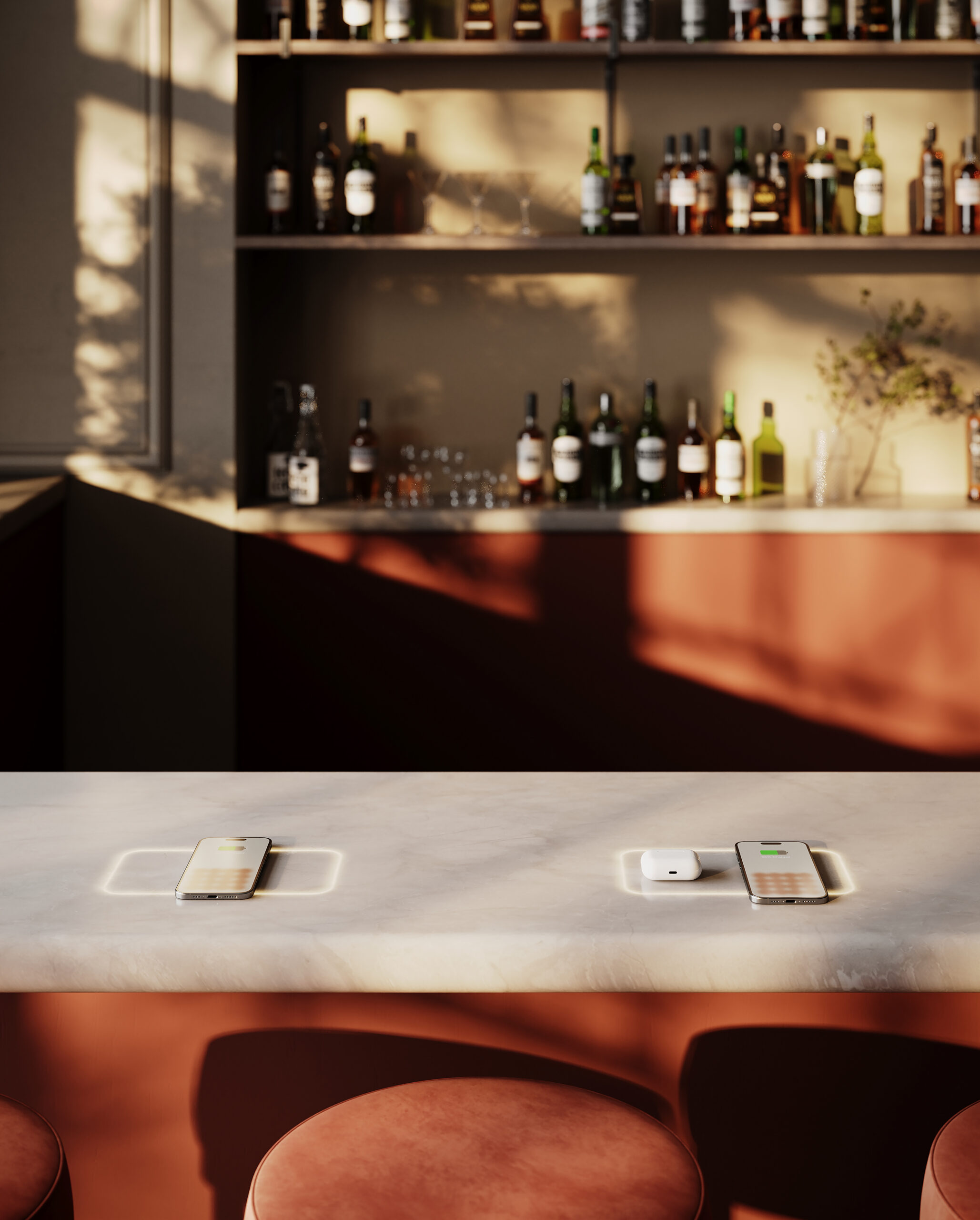 Photorealistic CGI render of a bar countertop with built-in wireless phone charging, set against backlit bottle shelving