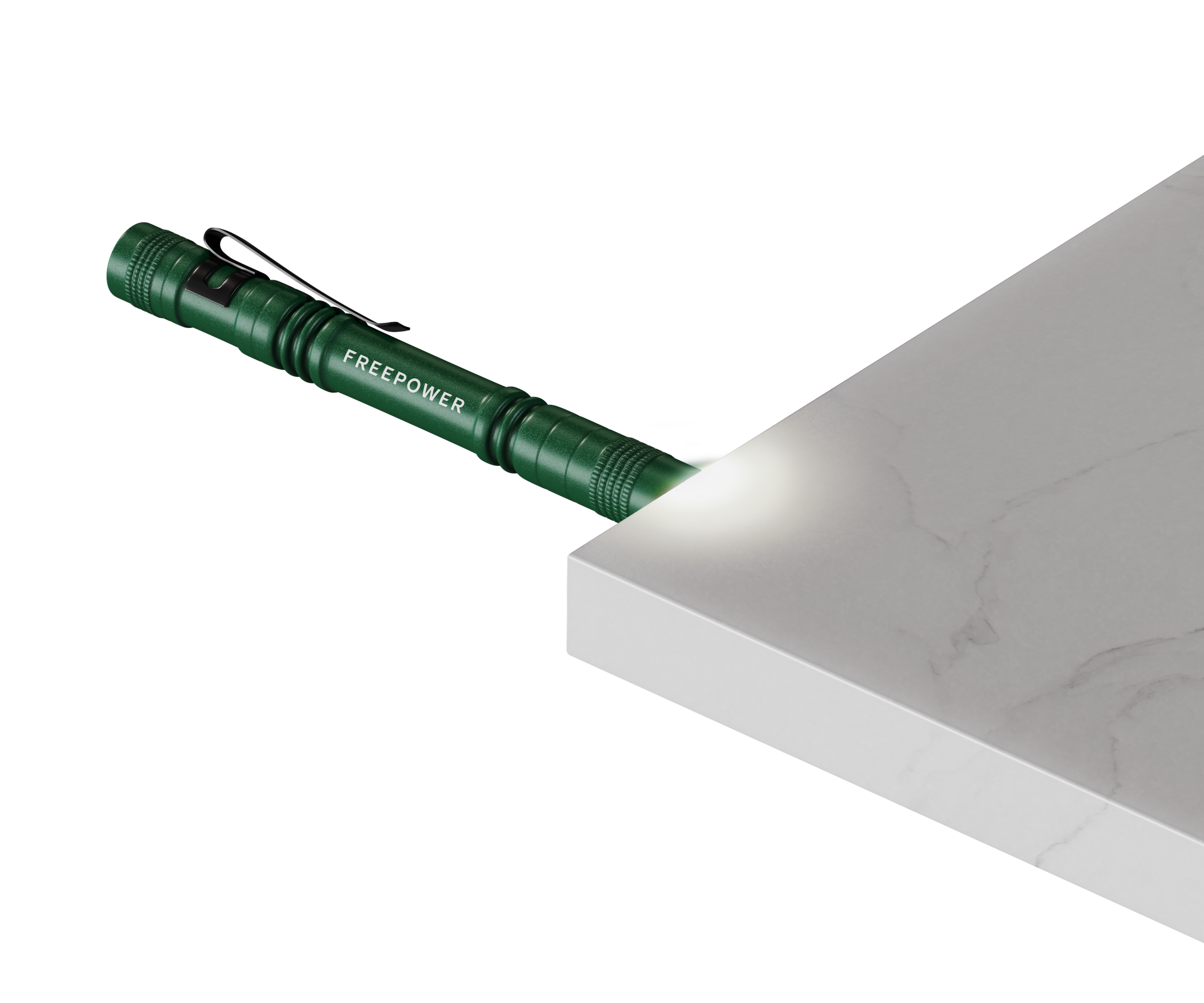 Photorealistic CGI render showing countertop thickness clearance for a built-in wireless charging module using a flashlight