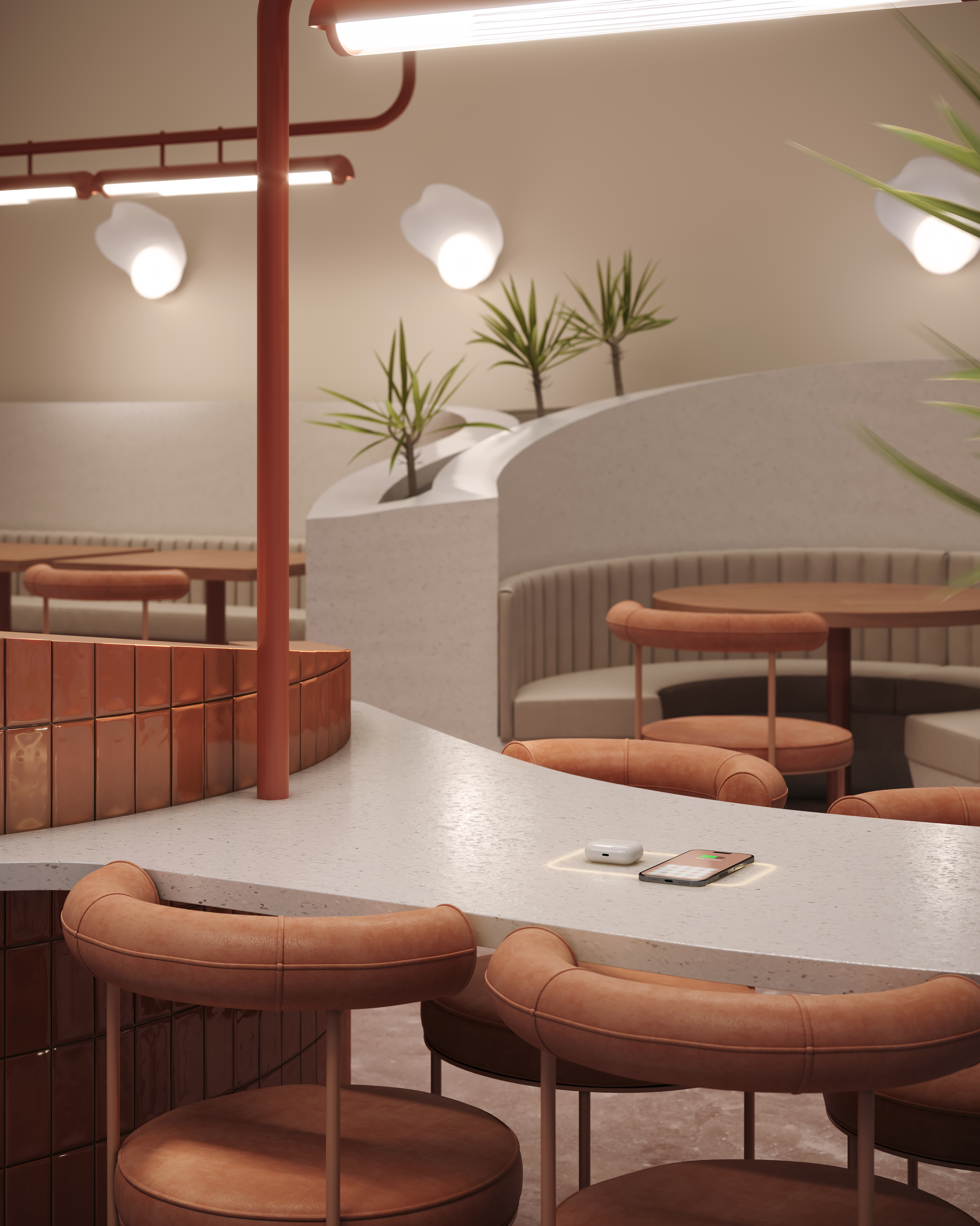 Photorealistic CGI render of a modern café interior with integrated wireless phone charging on a curved countertop, soft ambient lighting, and warm seating