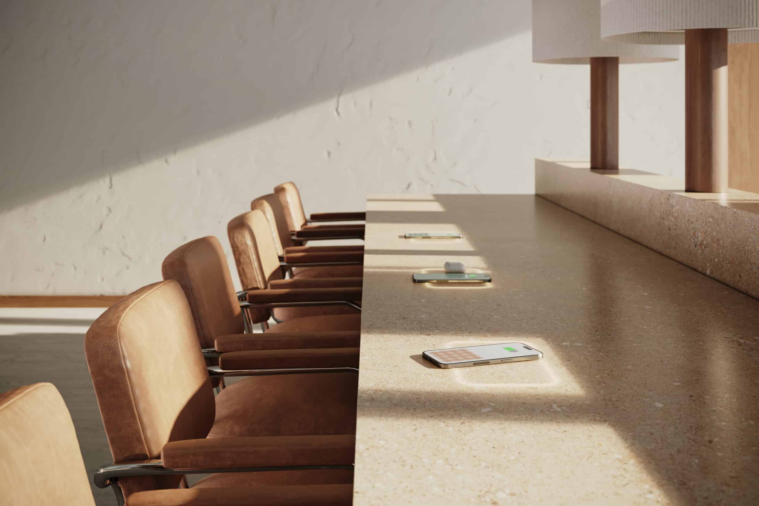 3D interior CGI render by Eugeniu Zmeu of a modern workspace with leather chairs and warm sunlight