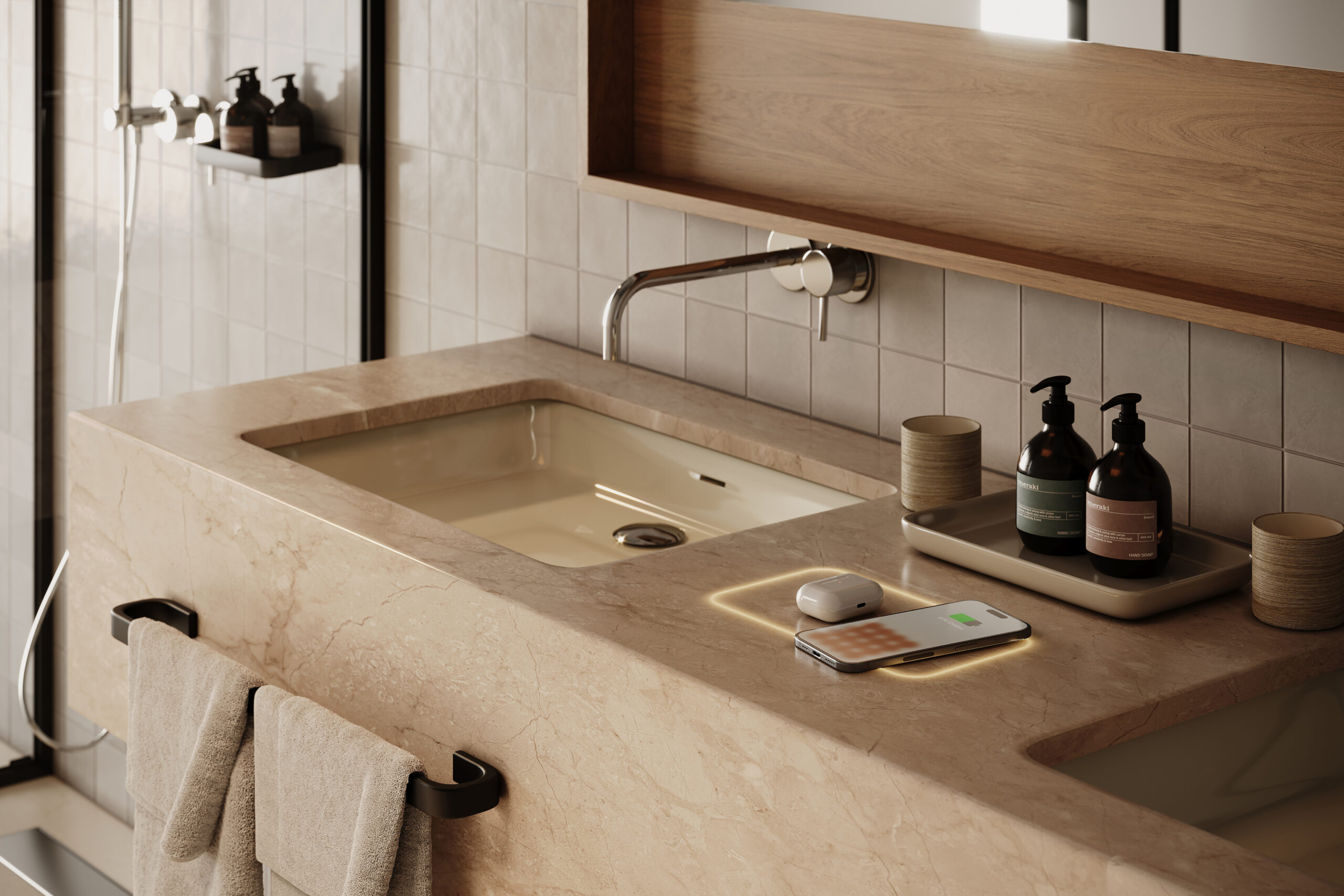 3D bathroom CGI render by Eugeniu Zmeu with stone vanity and warm natural light