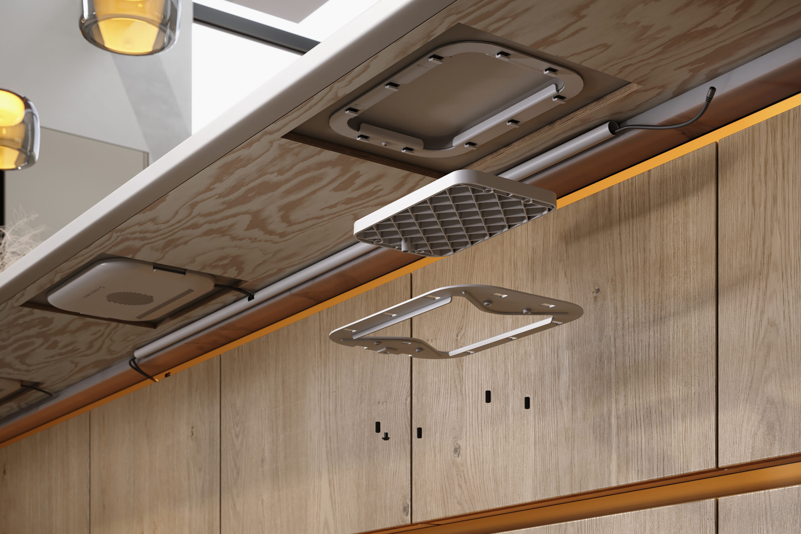 Exploded underside view of a built-in wireless charging module being installed beneath a countertop in a photorealistic CGI render