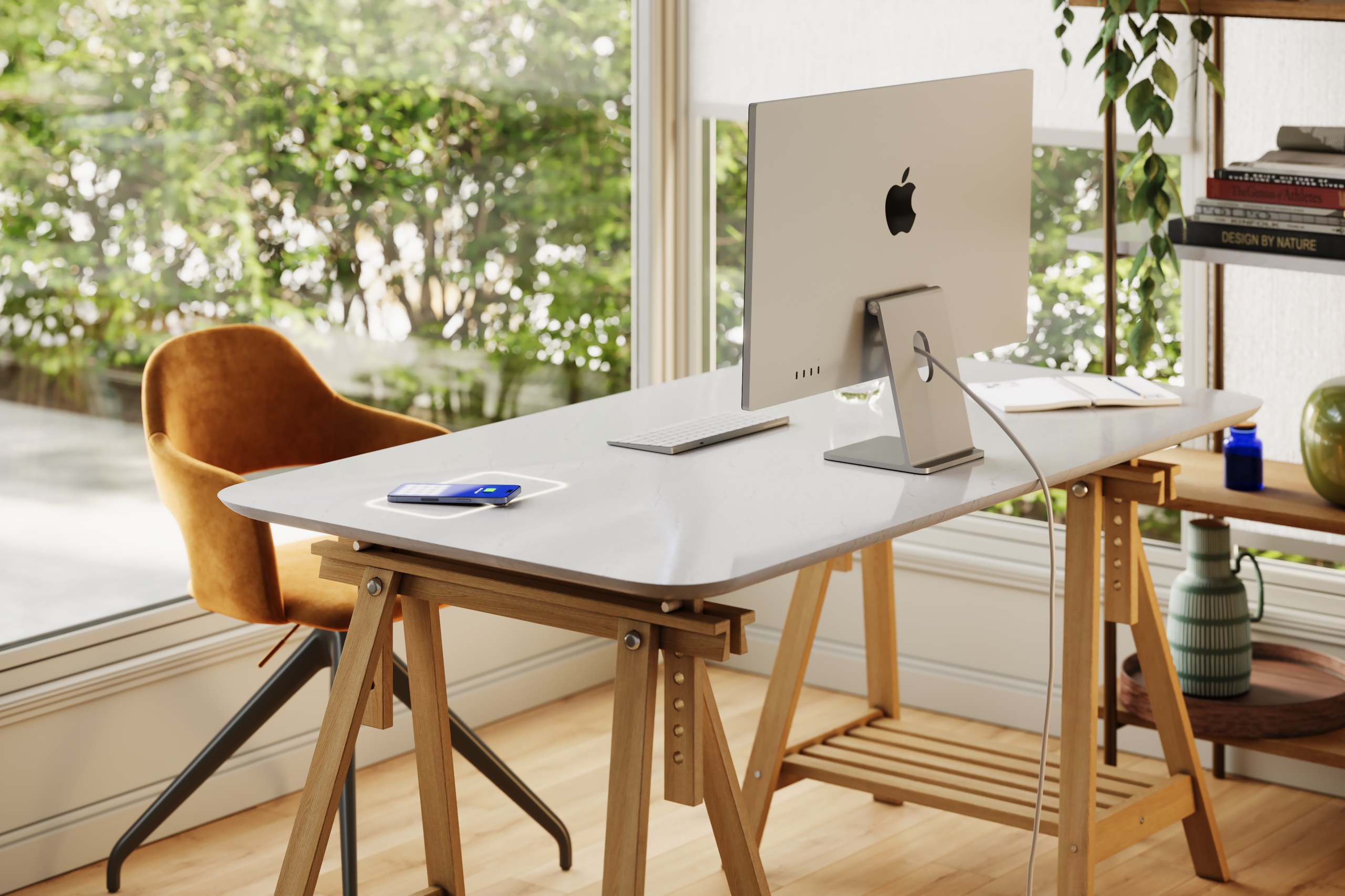 Photorealistic CGI render of a modern home office desk with integrated wireless phone charging, desktop computer, and natural light