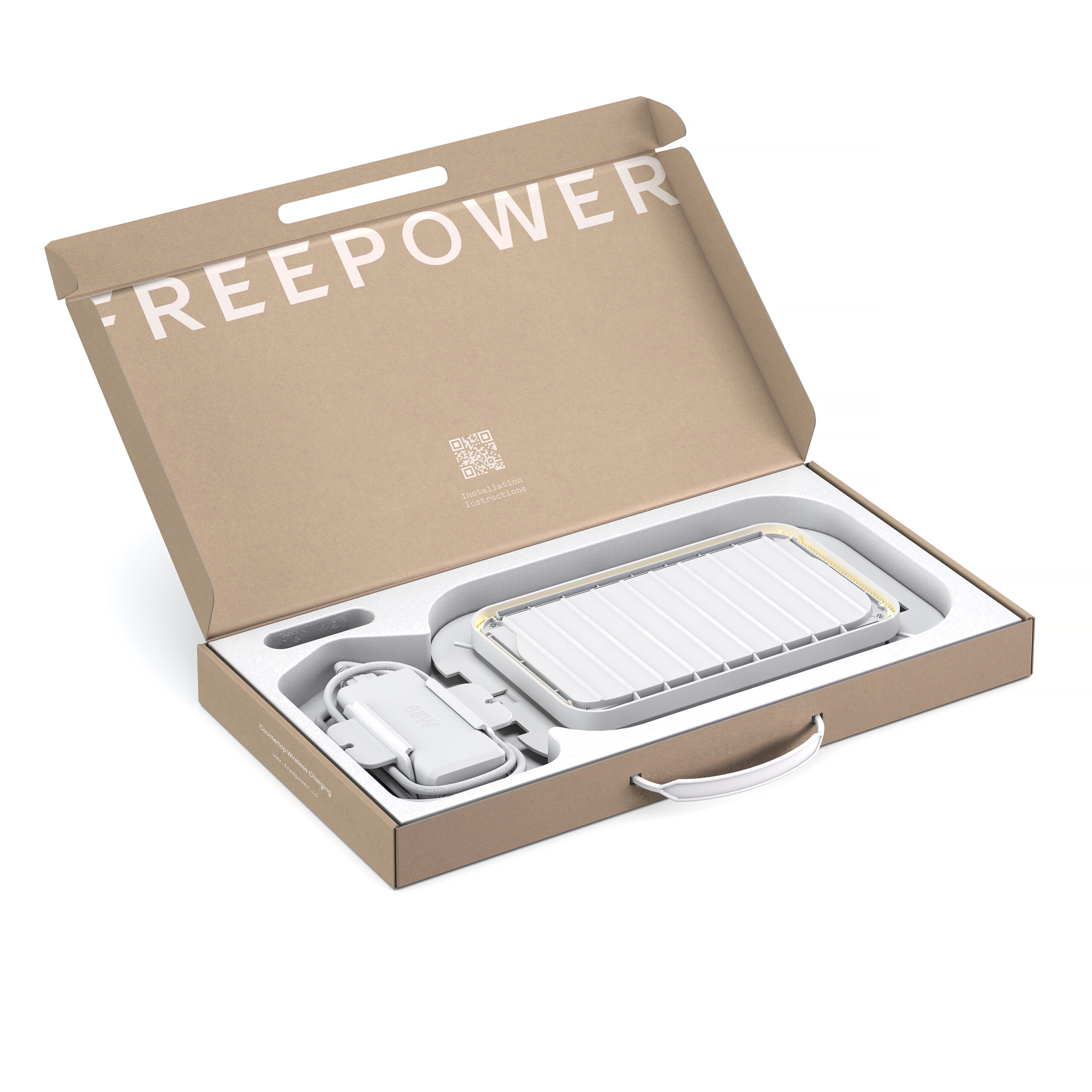 Photorealistic CGI product render of a built-in wireless charging module presented in premium packaging with installation components