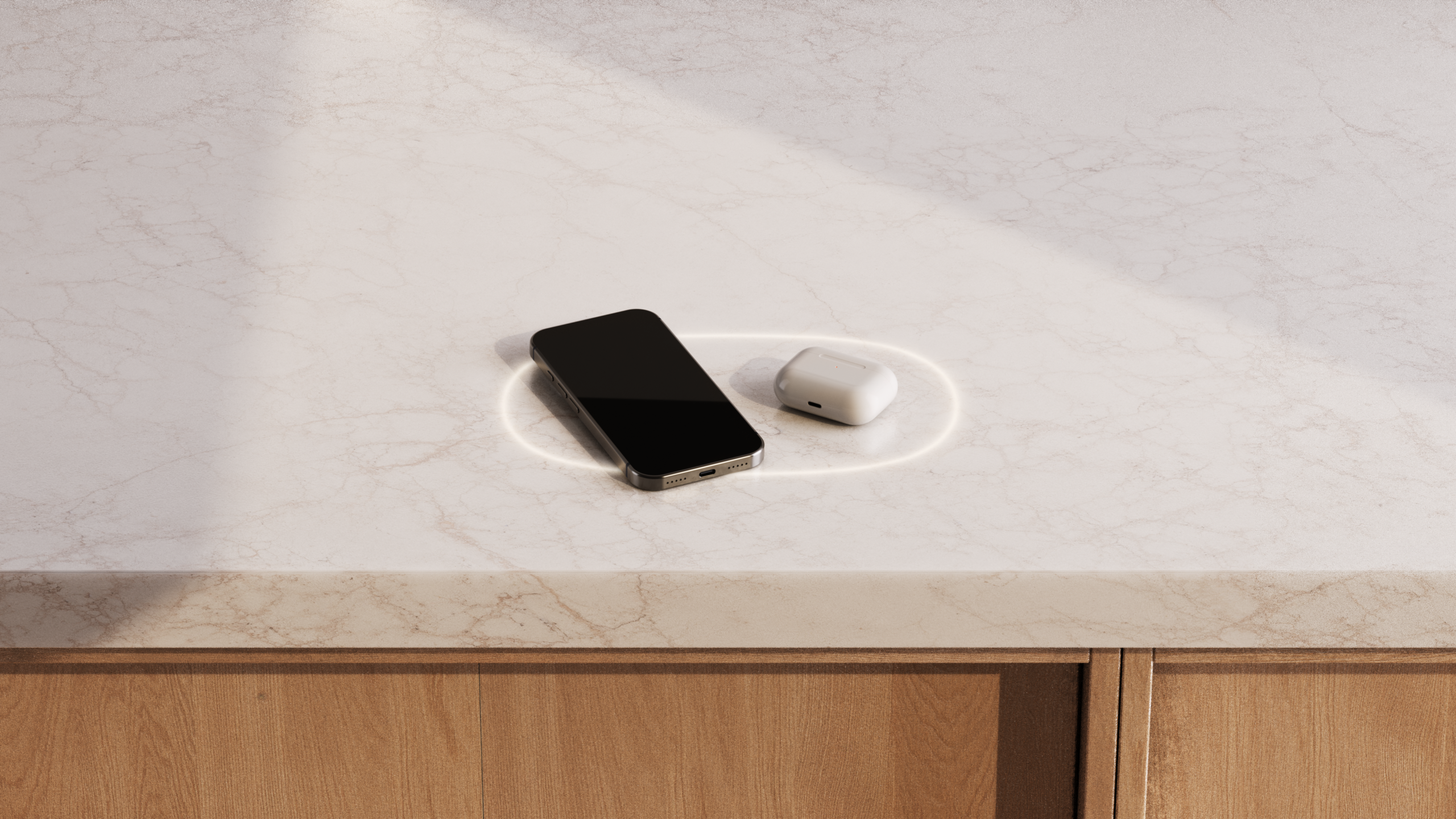 Photorealistic CGI render of a smartphone and wireless earbuds charging on a built-in wireless charging surface set into a marble countertop