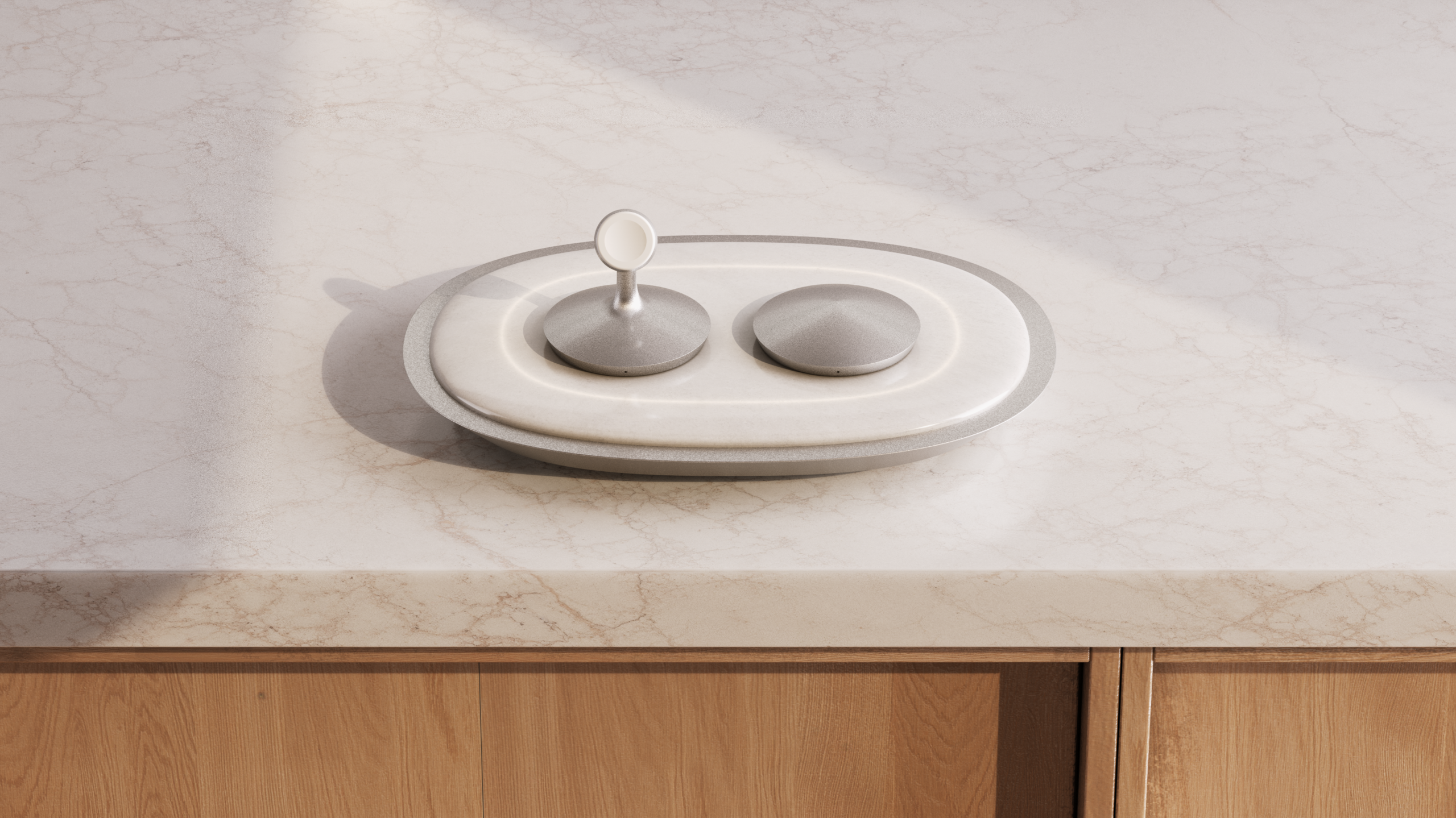 Photorealistic CGI product render of a dual wireless charger with minimalist design on a marble surface