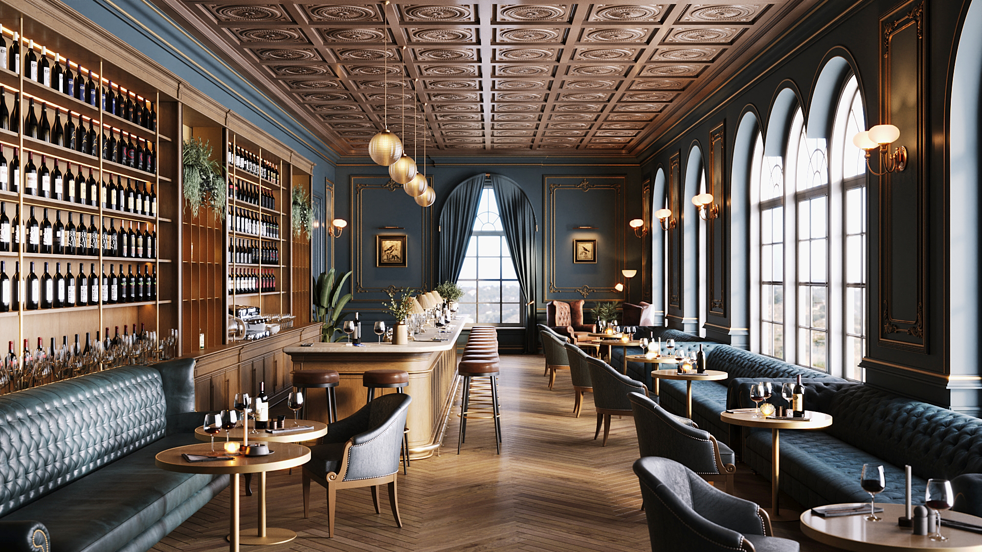 3D luxury bar interior render by Eugeniu Zmeu with wireless phone charging tables and elegant seating