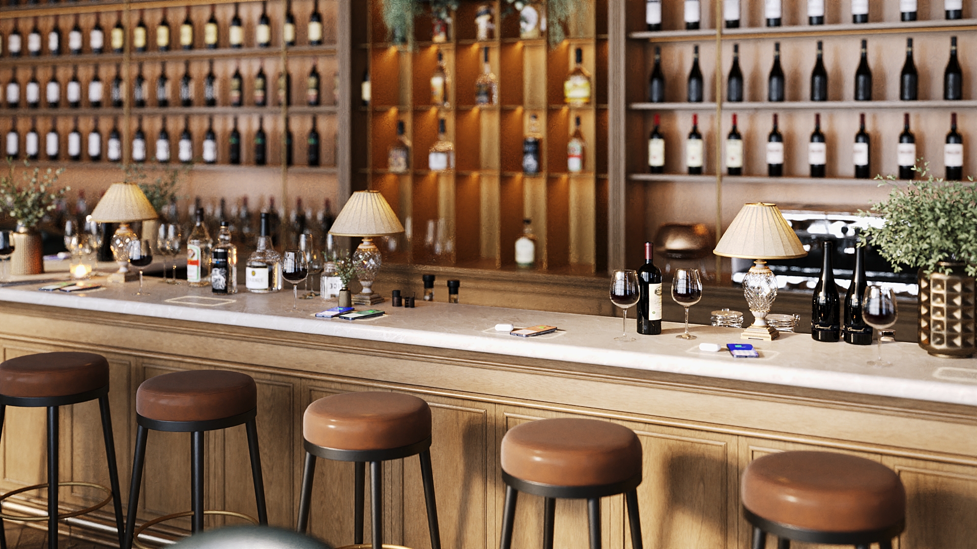 Photorealistic 3D bar interior render with integrated wireless phone charging spots, marble counter, wine bottles, and warm lighting