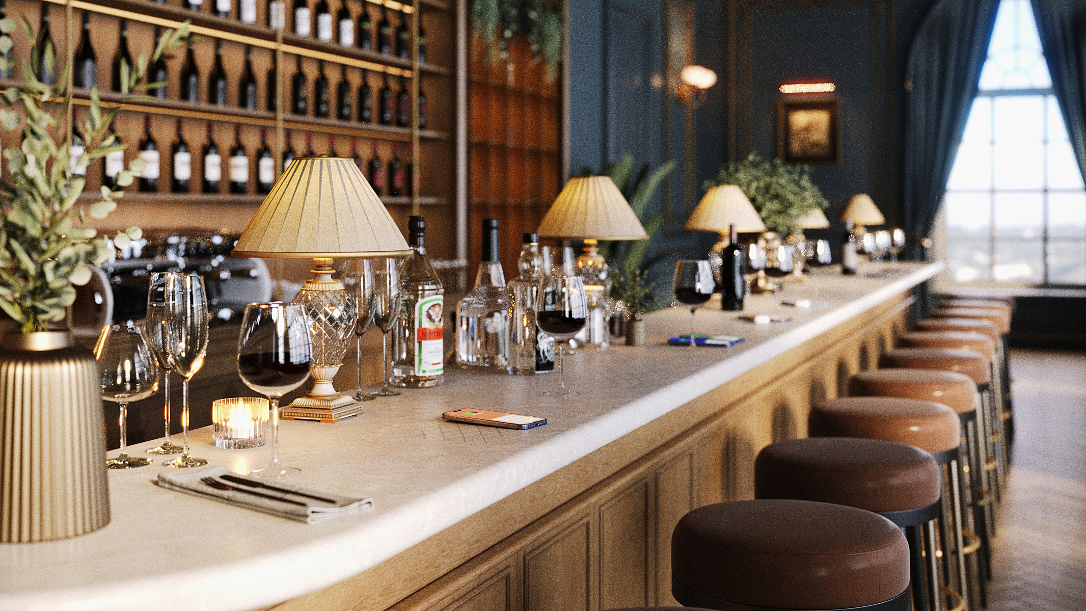Photorealistic CGI render of a luxury bar interior with integrated wireless phone charging on the countertop, ambient lighting, and wine display shelving