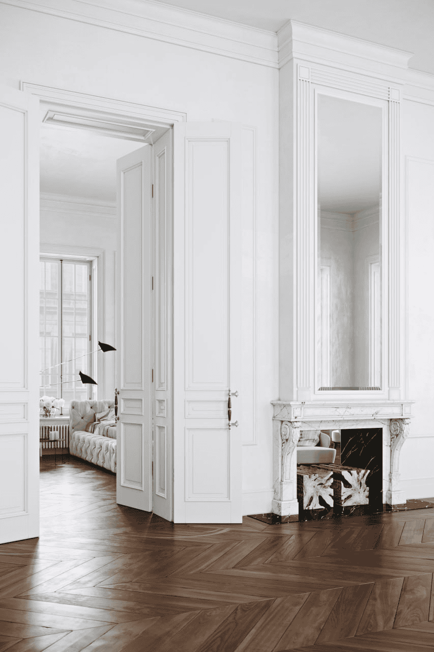 3D interior CGI render by Eugeniu Zmeu of a classic room with marble fireplace and wood flooring