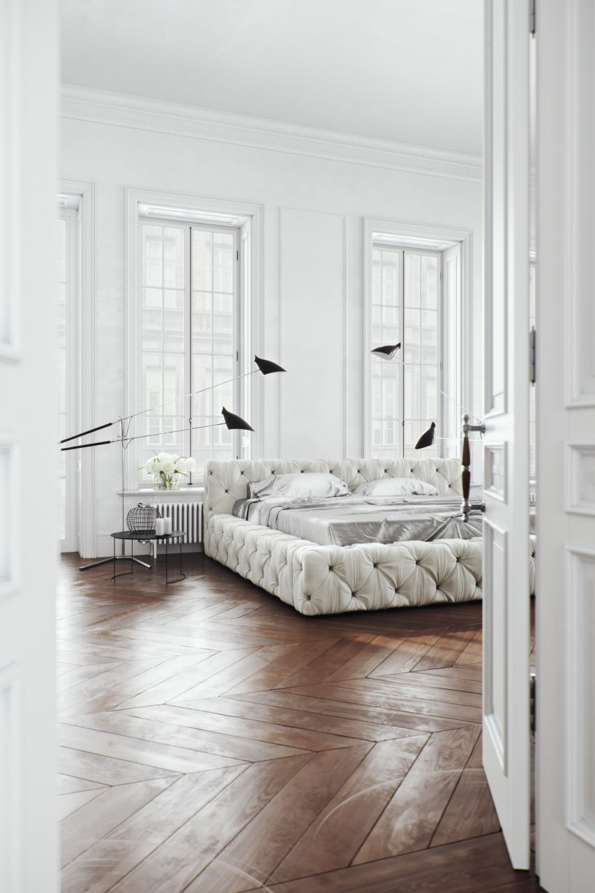 3D bedroom interior render by Eugeniu Zmeu with tufted bed and tall windows