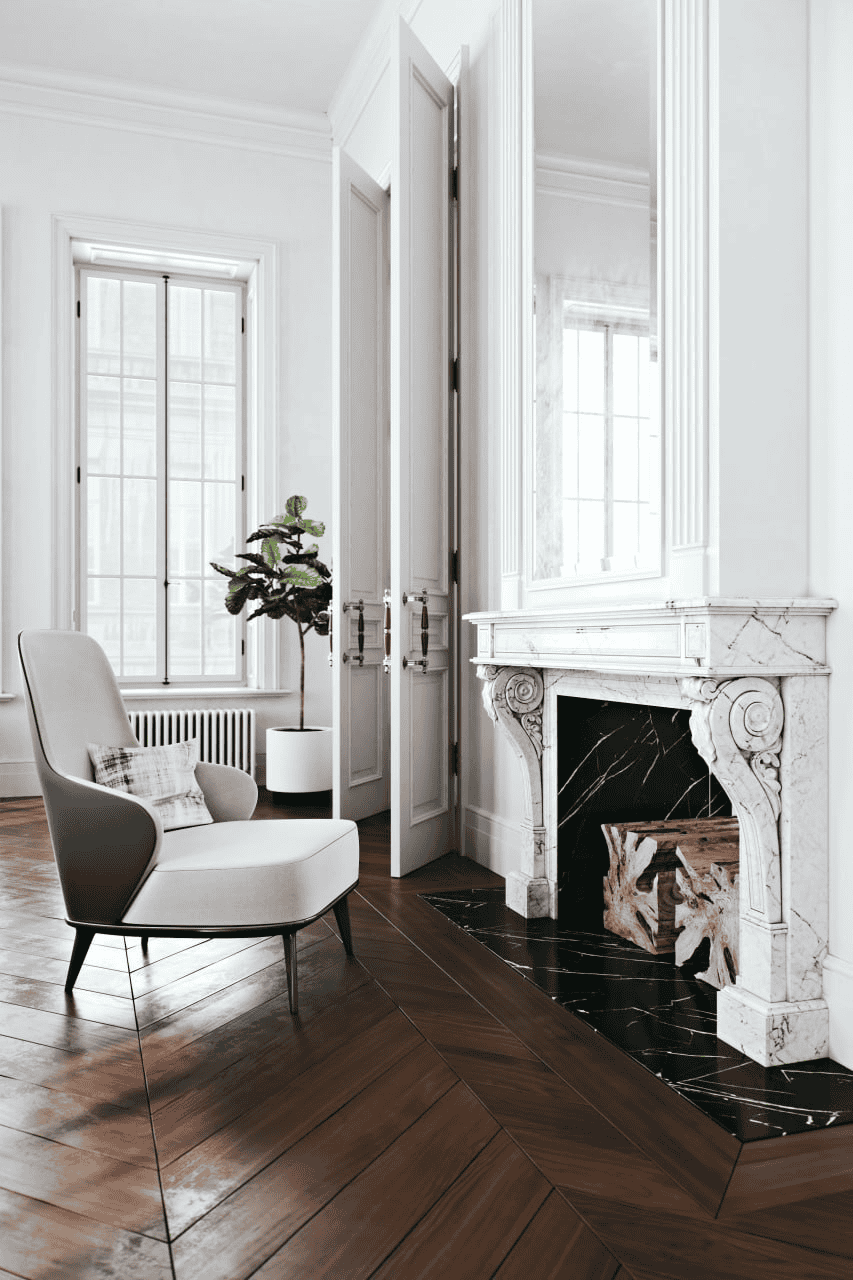 Photorealistic 3D interior CGI render of a bright living room with marble fireplace
